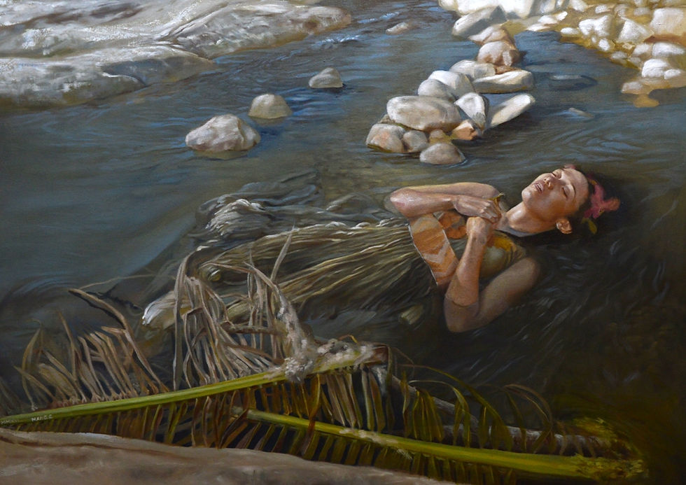 Indigenous woman floating in the river