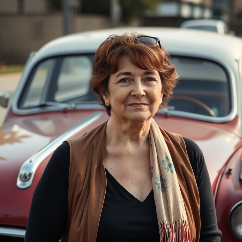 middle aged woman in front of old car.jpg