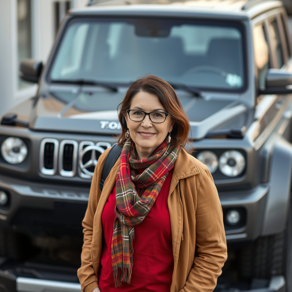 45 year old woman standing in front of grey car .jpg