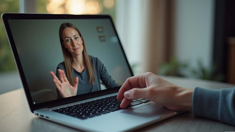 Close-up view of a laptop screen showing an online therapy session interface