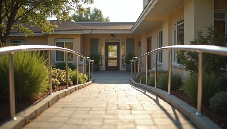 Eye-level view of a California nursing home entrance with a wheelchair ramp