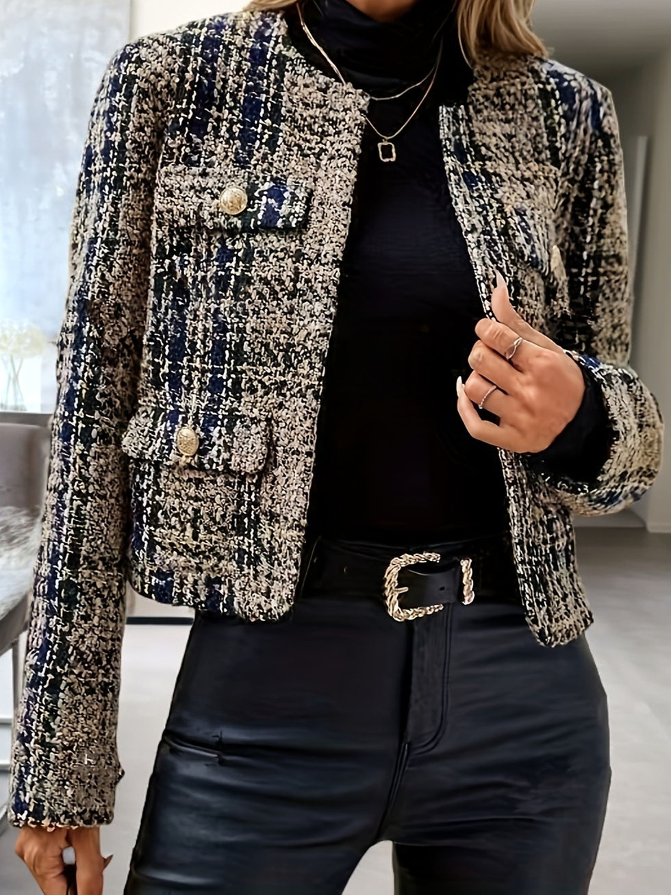 Jaqueta Elegante Feminina com Estampa Pied-de-Poule – Chic, Abotoamento Duplo