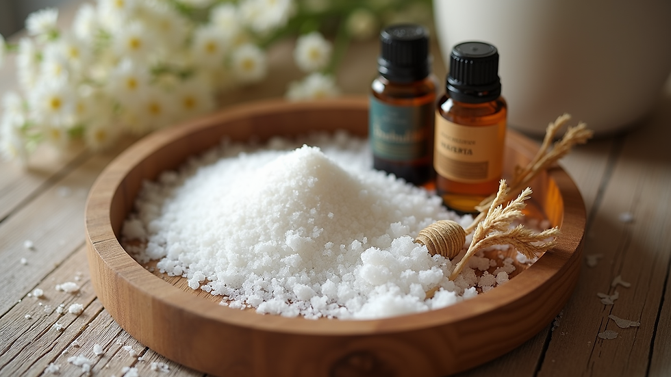High angle view of bath salts and essential oils on a wooden tray
