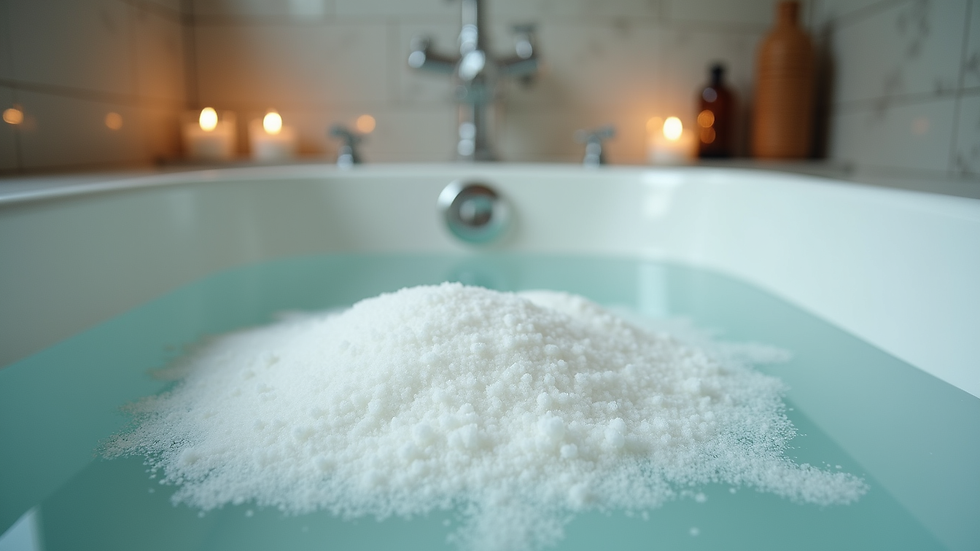 Eye-level view of a bathtub filled with water and bath salts