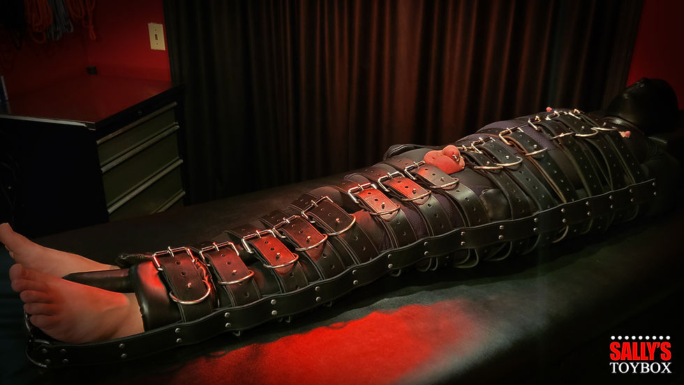 Genuine leather full-body bondage harness features 13 bondage belts and 2 vertical ribs, all fitted with D-rings for versatile attachment options.