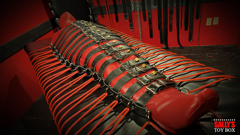 BDSM gear includes bondage sleepsacks, hoods, belts, straps, mitts, armbinders, body harnesses, cuffs, suspension cuffs, and restraints. 