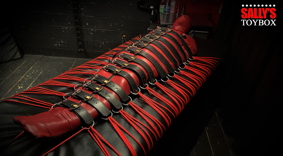 Mummification bondage - BDSM Sleepsack with mitts and internal sleeves, bondage belts and roped to the bondage table. Don't forget the isolation hood!