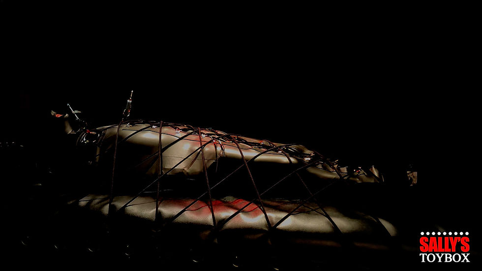 Bondage sub mummified inside vegan leather bondage sleepsack on BDSM with a hood and genuine leather mitts and roped to bondage bed.