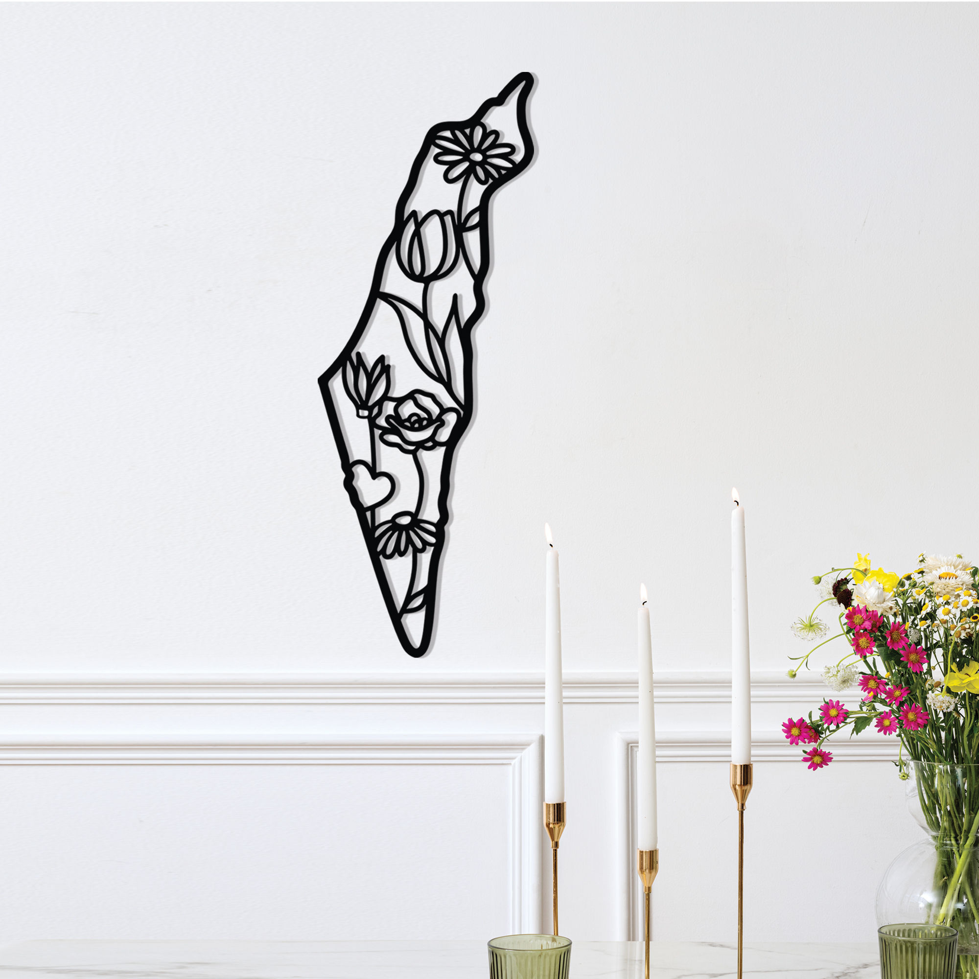 Map of Israel with Flowers of the Land Modern Metal Wall Art