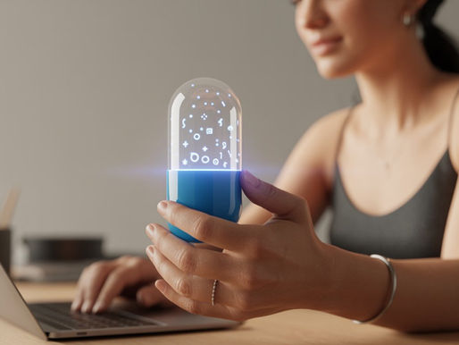 Woman sitting at a desk using a laptop, holding a futuristic glowing capsule filled with digital symbols, symbolizing advanced technology or AI-powered tools.