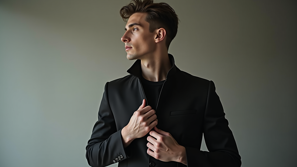 Close-up view of a male model adjusting a designer jacket in a studio setting