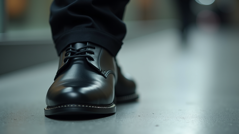Close-up view of a sleek black leather shoe on a polished runway floor