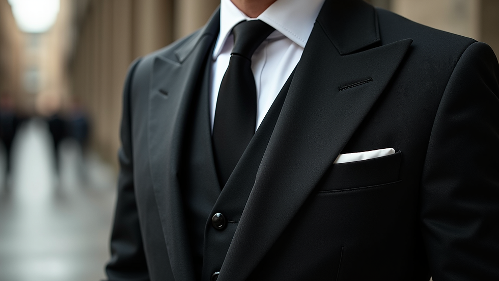Close-up view of a male model in a tailored suit, highlighting fabric texture and design