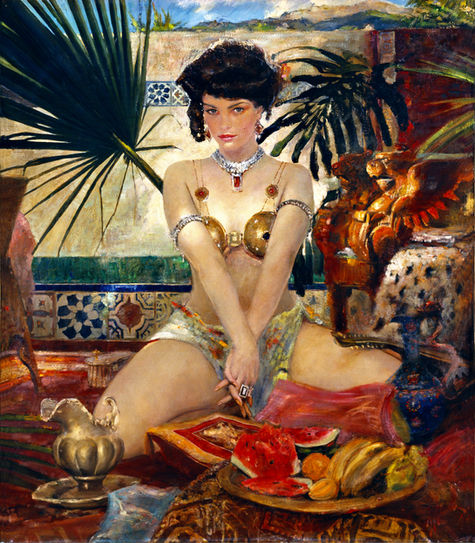 A romantic Orientalist oil painting by Vladimir Mukhin titled Muse of the East, showing a serene woman illuminated by warm, drifting light among golden fabrics, fruit, and ornate details. The scene evokes the atmosphere of ancient Eastern tales and quiet, dreamlike nights.