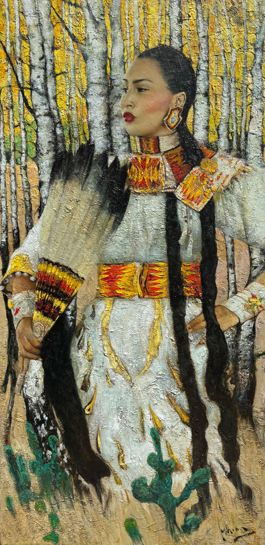 This painting by Vladimir Mukhin, titled "Silver Doe," depicts a young Native American woman in traditional attire. She stands against the backdrop of an autumn forest, surrounded by slender birch trees with bright yellow leaves. Her image is filled with dignity and calm confidence.

The title of the painting, "Silver Doe," symbolically reflects her image. Like a doe, she embodies grace, strength, and natural beauty, while the word "silver" emphasizes her purity and nobility.

The woman's face is shown in profile, highlighting her refined features and serene expression. Her hair is styled in two long braids, a traditional element for many indigenous peoples. Her ears are adorned with large earrings, and her neck is encircled by a colorful necklace intricately decorated with beads. She is dressed in a light gown with rich ornamentation, also adorned with beads and gold elements, emphasizing her status and cultural heritage.

Special attention is drawn to her belt and wristbands, made in red and yellow tones that harmonize with the overall color scheme of the painting. In her right hand, she holds a feather fan, adding dynamism to her image and accentuating her grace.

The background, representing a birch forest in golden autumn, symbolizes the connection between humans and nature. The autumn leaves and calm tones create a harmonious and soothing atmosphere, highlighting the beauty and significance of cultural heritage.

The painting is executed in a realistic manner, using impasto strokes that give it a rich texture. Every element, from the woman's attire to the smallest details of the background, is rendered with great attention and respect for the traditions of the depicted culture.

This work not only demonstrates the artist's skill but also serves as an important reminder of the richness and diversity of cultural traditions that should be preserved and honored.