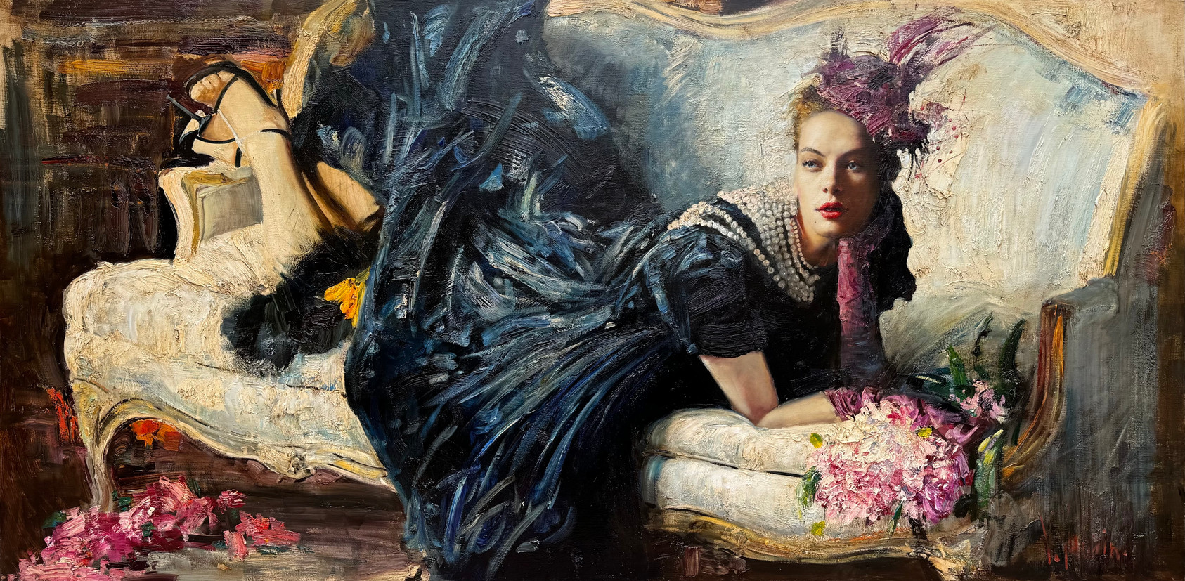 In this captivating tableau, the delicate figure of a young girl emerges from the depths of indigo silk dress, her neck adorned with pearls that seem to cascade with careless abandon. Her visage, imbued with the radiant freshness of youth. Amidst this charming scene, an aura of introspective solitude pervades, yet within its embrace lies a palpable sense of solace and renewal. The scattered blossoms, strewn haphazardly across the canvas, serve as poignant reminders of both the ephemeral nature of beauty and the steadfast hope found amidst the embrace of despair. Through the artist's deft hand and technical prowess, the scene is rendered with a vividness that captivates the viewer, inviting them to immerse themselves in the reality of the moment. It is a testament to the power of art to transcend the boundaries of the mundane and evoke the deepest emotions within us all.