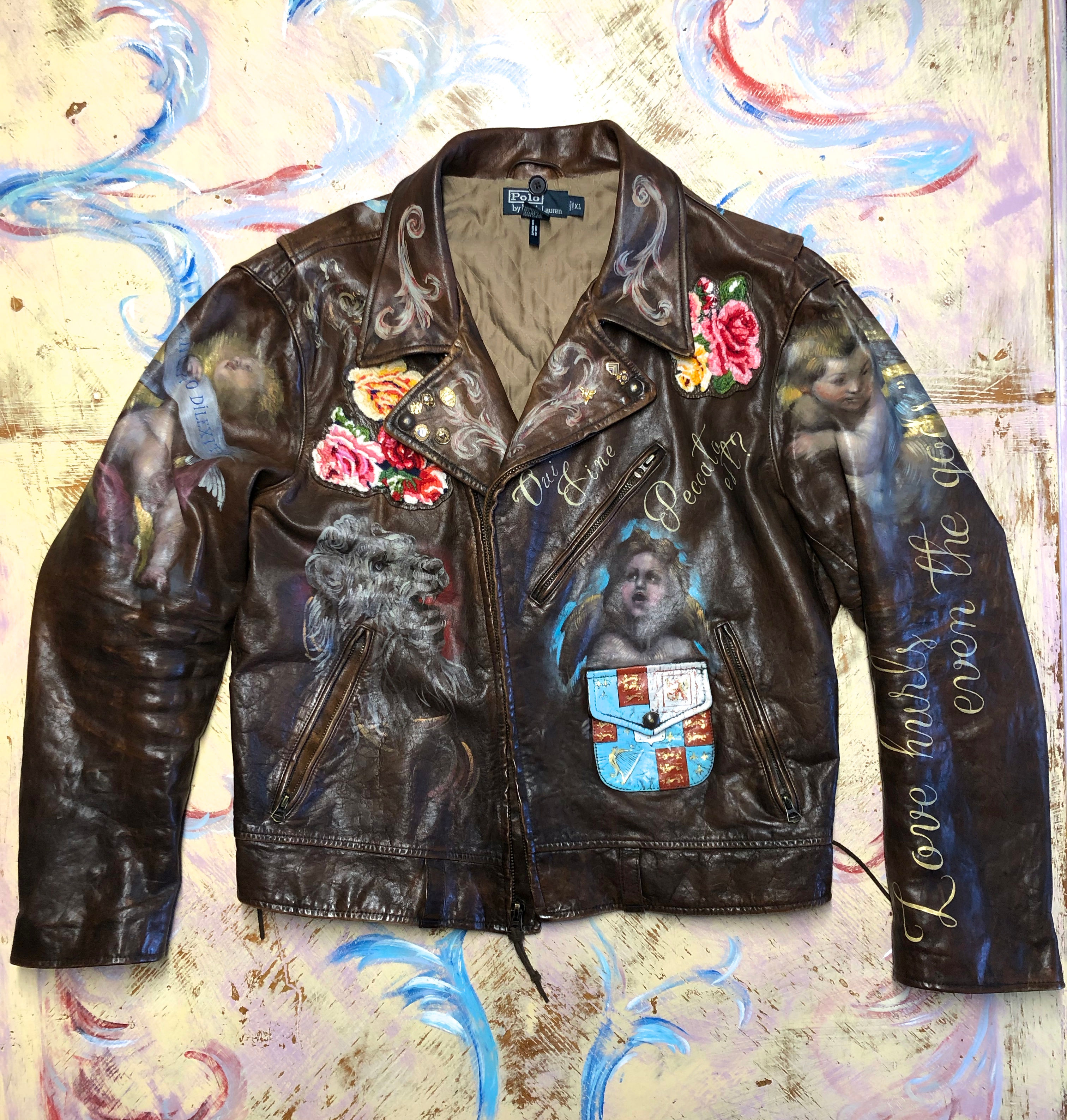 Ralph Lauren Leather Motorcycle Jacket Men's size XL Custom Hand Painted (SOLD)