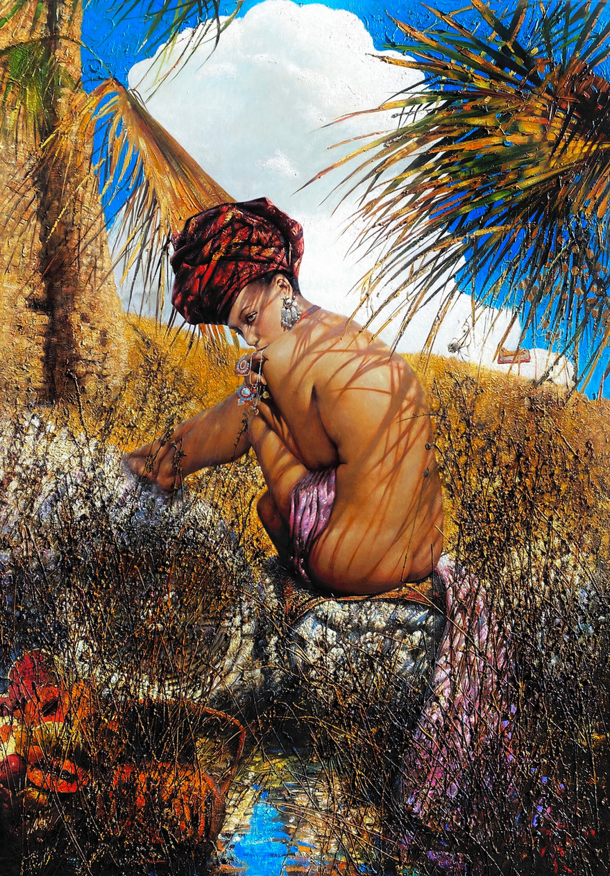 red turban painting, oil painting woman, Thousand and One Nights inspired, oriental art, Scheherazade painting, sensual realism, eastern portrait, тропическая картина, восточная живопись, сказка в живописи, чувственная женщина, образ Шахерезады, декоративное искусство, женский портрет маслом, Мухин искусство