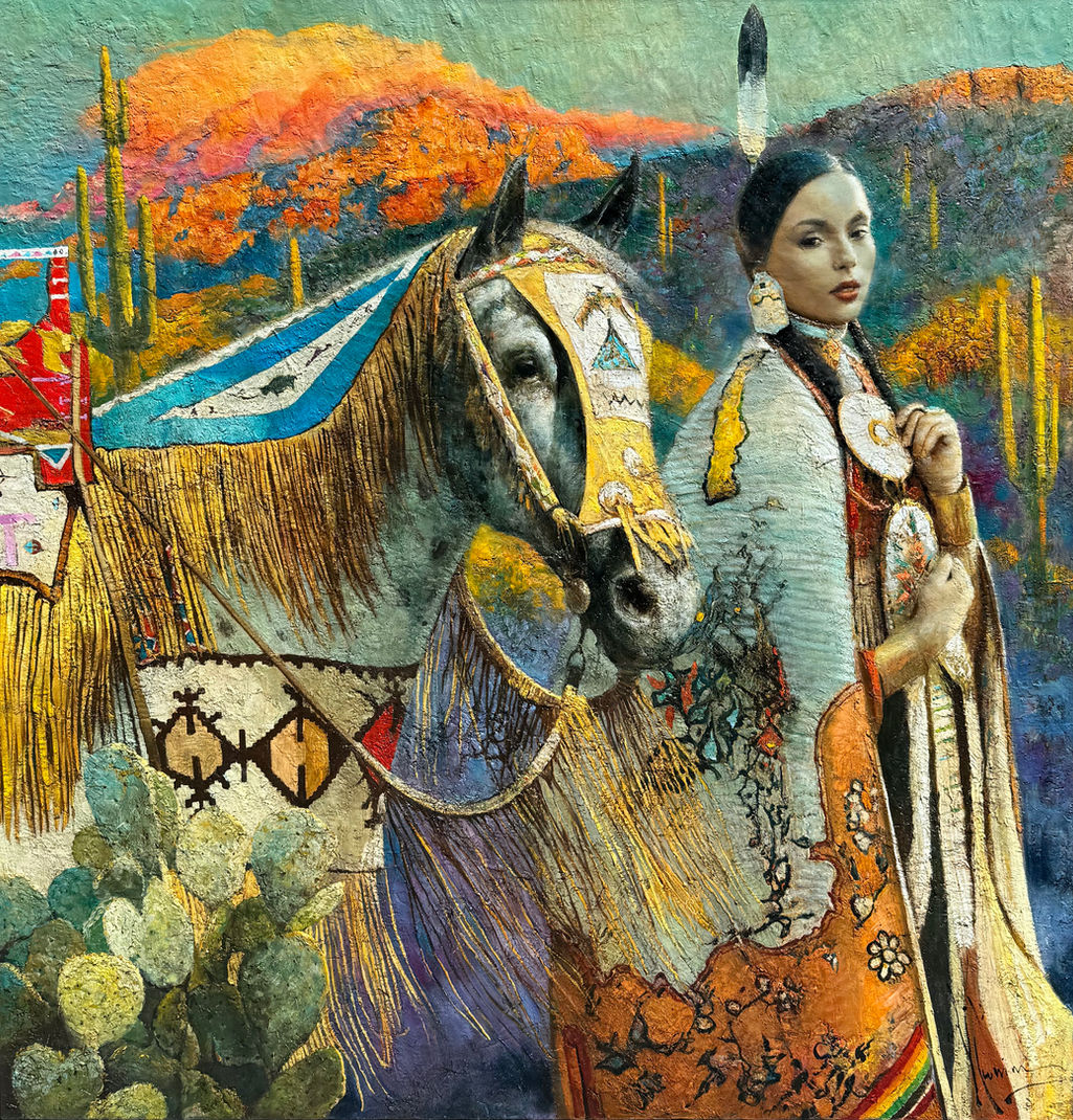 Canvas by Vladimir Mukhin titled "Autumn Prelude," a young Native American woman is depicted with her horse against a picturesque landscape. The work is executed in a realistic manner with decorative elements, giving it a special expressiveness and richness.

At the center of the composition is the figure of a woman in a traditional national costume adorned with intricate patterns and beads. Her hair is styled in two braids, complemented by large earrings that emphasize her status and refinement. She wears a richly decorated cloak with long tassels, adding dynamism to her image. In her hands, she holds an ornate disk, possibly symbolizing the sun or part of ritual attire.

Beside the woman stands her horse, covered with an adorned saddle blanket and bridle with numerous details. The horse is richly decorated with beads and gold elements, signifying its importance and value. The motifs on the saddle blanket and bridle echo the patterns on the woman’s clothing, creating a harmonious unity.

The background features a landscape with cacti and mountains painted in warm sunset hues. The sky transitions from deep blues to soft oranges, creating a peaceful atmosphere. The horizon is shrouded in a light haze, adding depth and perspective to the painting.

Every detail of this work is rendered with great care and skill. The textured brushstrokes and rich palette create a sense of tangibility. The painting not only conveys the beauty of nature but also reveals the cultural heritage of the depicted people.

This work by Vladimir Mukhin serves as an important reminder of the close connection between humans and nature, emphasizing the importance of preserving traditions. The painting demonstrates the artist's deep love and respect for indigenous cultures, making it significant in a cultural and historical context.

#AutumnPrelude #VladimirMukhin #NativeAmericanArt #CulturalHeritage #TraditionalAttire #ScenicLandscape #HorseAndRider #SunsetGlow #IndigenousCulture #ArtisticExpression #PreserveTraditions #RealisticPainting #DecorativeElements #CulturalSignificance

Keywords: Autumn Prelude, Vladimir Mukhin, Native American, traditional costume, intricate patterns, beads, braids, earrings, cultural heritage, horse, decorated bridle, saddle blanket, sunset hues, cacti, mountains, peaceful atmosphere, textured brushstrokes, indigenous cultures, artistic expression, preserve traditions, realistic painting.