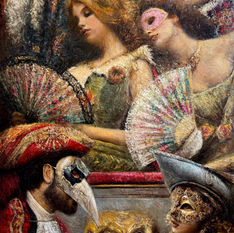 Masquerade painting with masked figures, ornate fans, golden accents, and theatrical symbolism. Oil on canvas by Vladimir Mukhin.