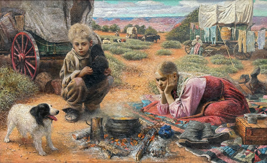 Oil on canvas painting depicting pioneer children resting by a campfire at a frontier crossroads, with wagons, animals, and a quiet sense of fate and transition.