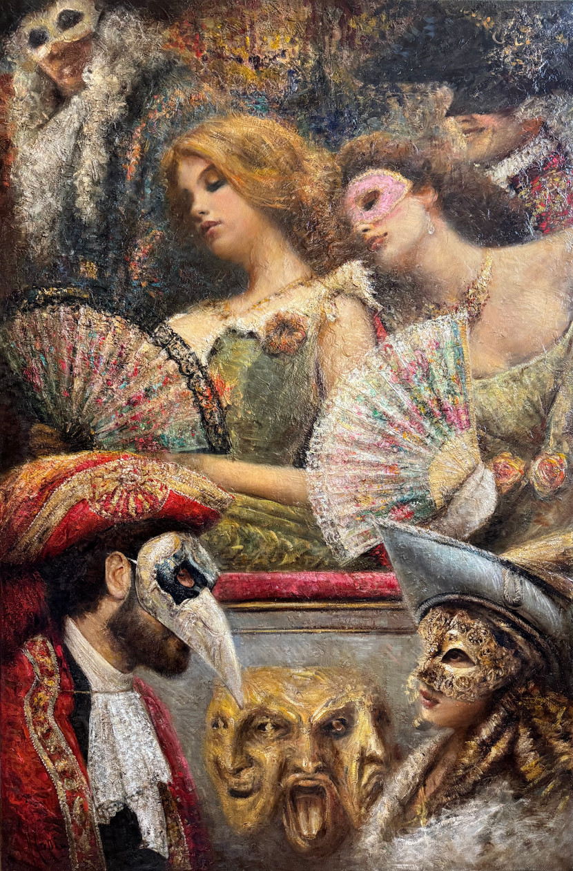 Vladimir Mukhin's painting "Arcana" is a vivid and multi-layered work that immerses the viewer in the atmosphere of the Renaissance and Baroque eras. This canvas, filled with mystery and symbolism, recreates scenes of a masquerade, reflecting the richness of cultural heritage and theatrical traditions of Europe.
In the foreground, we see elegant figures dressed in luxurious costumes with masks. These masks, popular in Venice and other European cities during carnival times, symbolize hidden aspects of human nature, the desire to hide behind a mask, and to assume another role. The man in the red costume and mask with a long beak resembles the figure of the Plague Doctor, an important character during the Renaissance when the plague ravaged Europe. His presence adds an element of grim symbolism, reminding us of mortality and the vulnerability of human life.
In the background, we can see ladies with fans, an essential accessory in the women's wardrobe of the 18th century. Their half-closed eyes and relaxed poses create a sense of mystery and intrigue. They seem to be lost in thought, perhaps contemplating the events of the past carnival or anticipating new meetings and adventures. Fans serve both as an element of coquetry and as a means to hide emotions and intentions, emphasizing the theme of disguise and hidden nature.
The painting is also rich in details reflecting various aspects of the cultural life of the time. The flickering golden and red hues create a sense of festivity and abundance. The grotesque masks on the wall symbolize the theatrical art of commedia dell'arte, popular in Italy. This type of theater, with its masks and archetypal characters, deeply influenced European culture and continues to inspire artists and playwrights.
"Arcana" by Vladimir Mukhin is not just a scene of a masquerade but also a profound reflection on human nature, our desires to both hide and reveal our essence. This artwork prompts the viewer to ponder what lies behind the mask and the roles we play in life. In this sense, Mukhin's painting continues the traditions of great masters of the past, such as Veronese and Tiepolo, creating a contemporary interpretation of eternal themes.
Thus, "Arcana" is an excellent example of using historical and cultural symbols to create a piece that speaks of eternal truths through the lens of art and history.