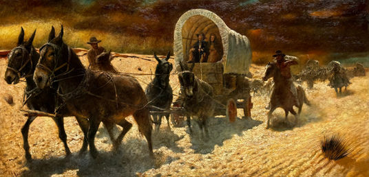 Western oil painting of a pioneer wagon train crossing open frontier land, horses pulling covered wagons, riders escorting settlers, dramatic sky and dusty landscape, oil on canvas by Vladimir Mukhin