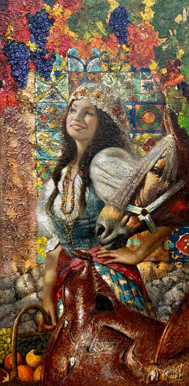 Oil painting of a young woman standing beside a horse, illuminated by warm light, with decorative colorful tiles in the background, expressive texture, and a sense of calm harmony between figure and nature.