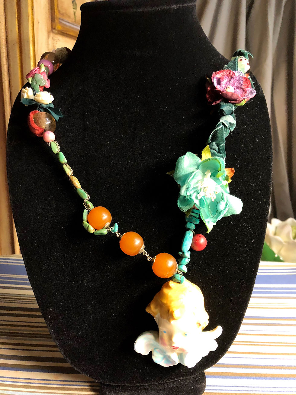 Thumbnail: Necklace Vintage, Amber beads,turquose,pottery.