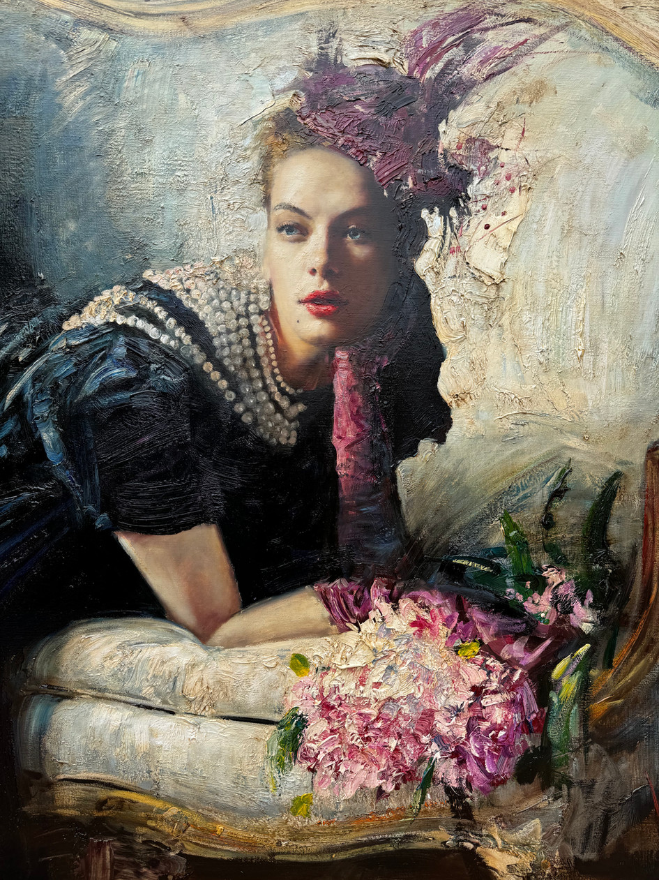 In this captivating tableau, the delicate figure of a young girl emerges from the depths of indigo silk dress, her neck adorned with pearls that seem to cascade with careless abandon. Her visage, imbued with the radiant freshness of youth. Amidst this charming scene, an aura of introspective solitude pervades, yet within its embrace lies a palpable sense of solace and renewal. The scattered blossoms, strewn haphazardly across the canvas, serve as poignant reminders of both the ephemeral nature of beauty and the steadfast hope found amidst the embrace of despair. Through the artist's deft hand and technical prowess, the scene is rendered with a vividness that captivates the viewer, inviting them to immerse themselves in the reality of the moment. It is a testament to the power of art to transcend the boundaries of the mundane and evoke the deepest emotions within us all.