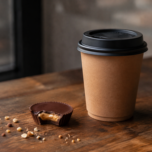 A takeaway cup of coffee and a dark chocolate almond butter cup