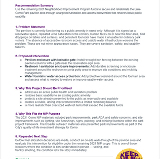 Lake Como Park Pavilion Sanitation Intervention Proposal