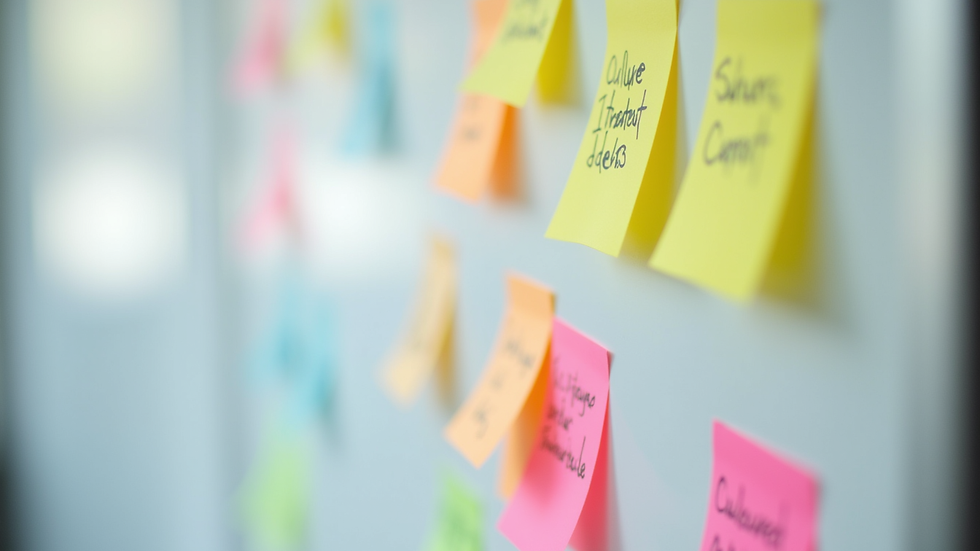 Close-up view of a whiteboard with colourful sticky notes and culture strategy ideas