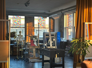 Easels and other materials available to artists at studio FreeLove. 