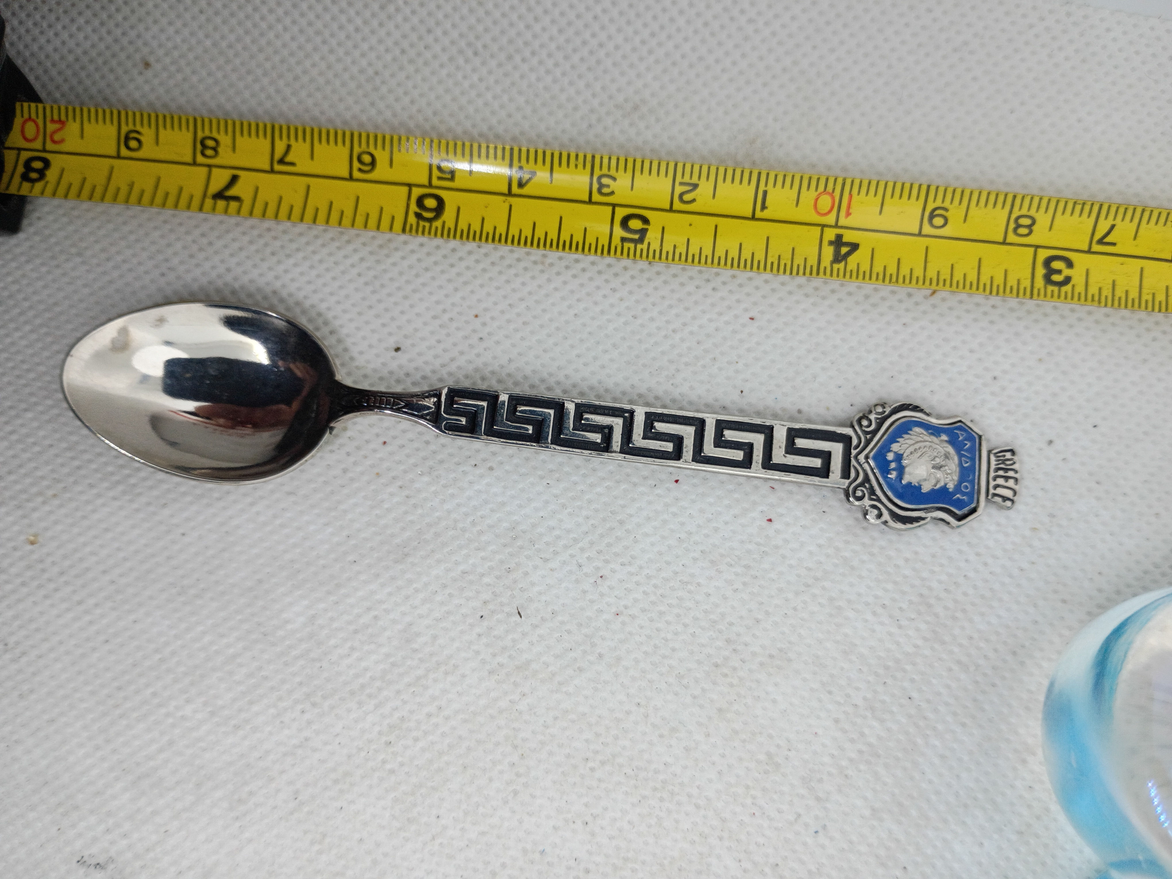 4.5" - vintage collectible Greek souvenir spoon featuring a blue enamel shield