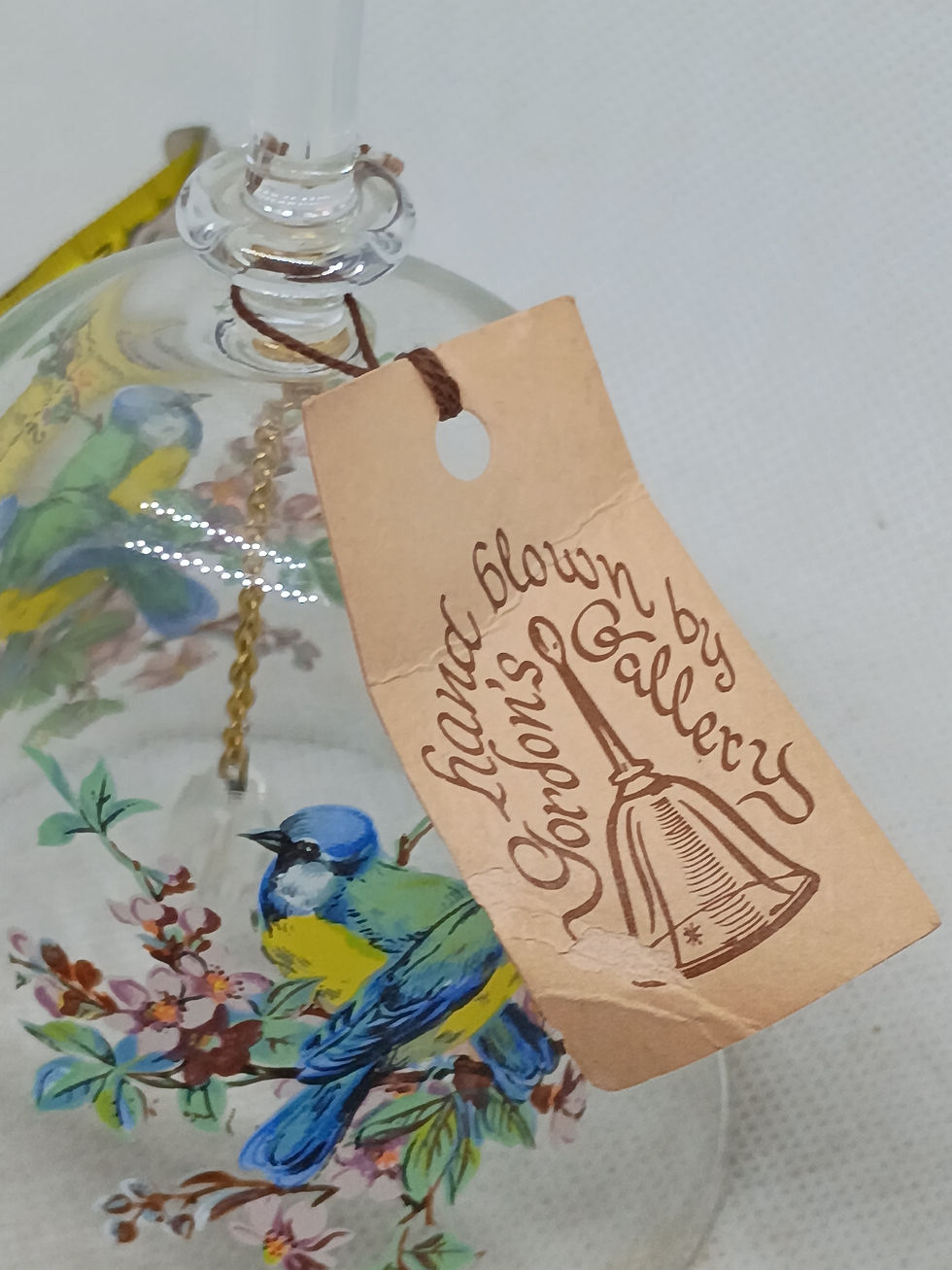 Thumbnail: 6.75" tall- Handblown glass bell by Gordon's Gallery- Painted bluebird scene