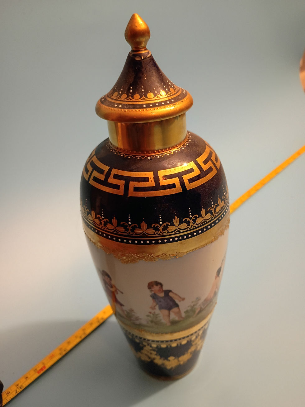 Thumbnail: 12" tall Vase  3" lid - VIntage Dresden porcelain with children and Cherubs