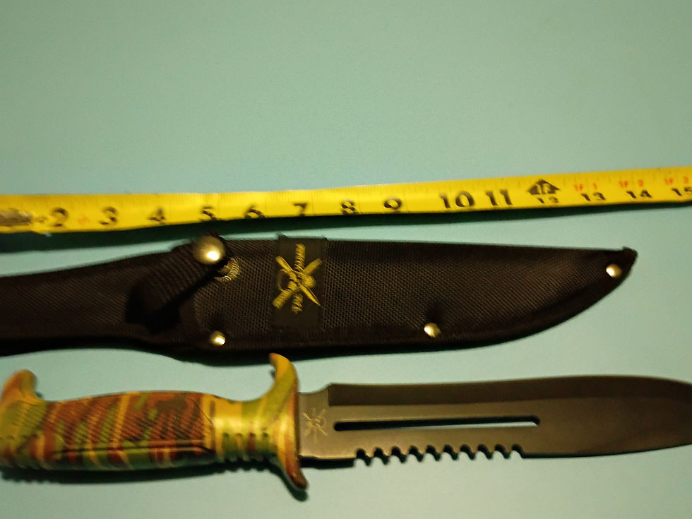 Thumbnail: 13.5"  Bowie - black stainless blade-camo-coated  rubber handle - nylon sheath 