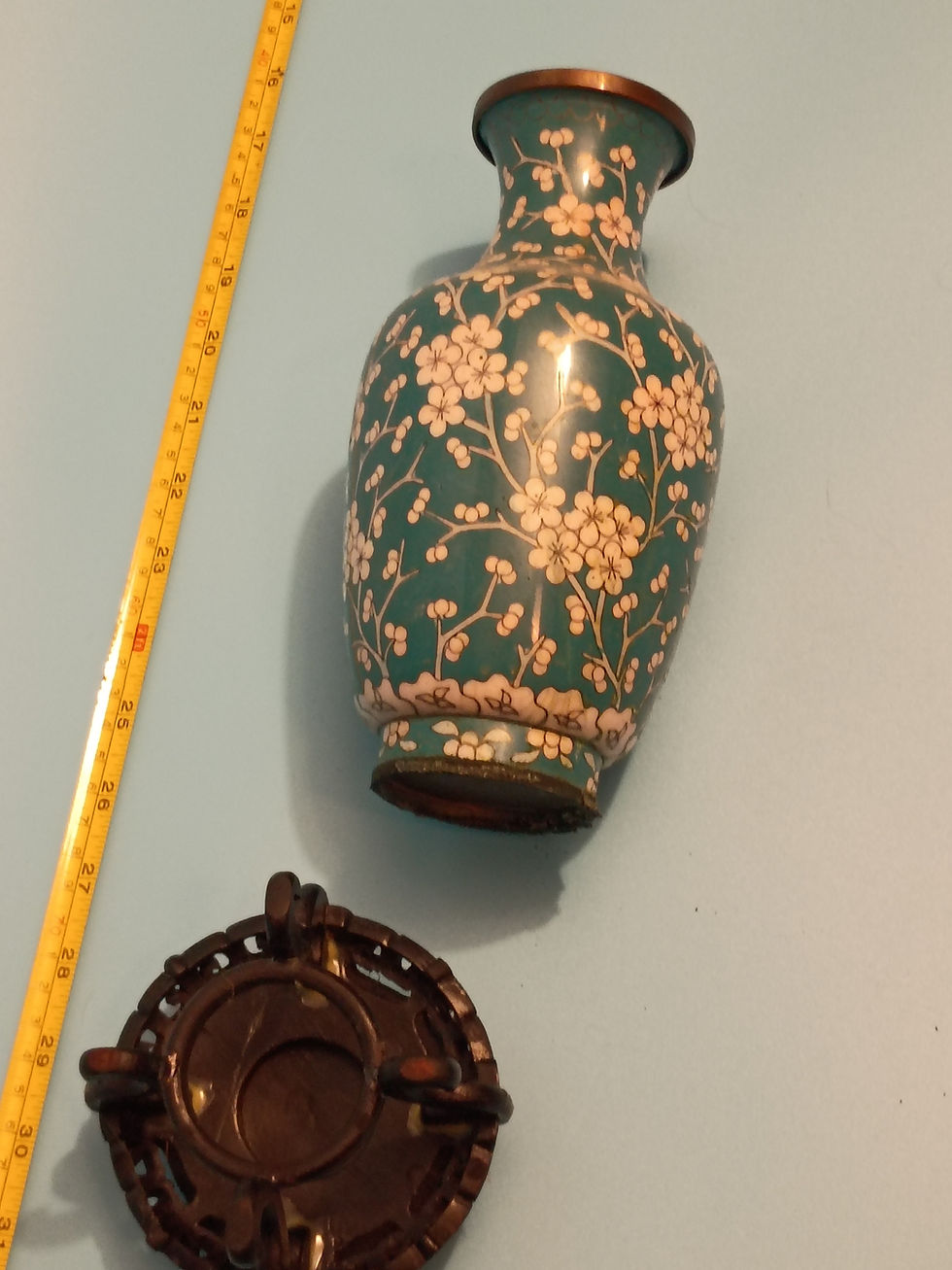 Thumbnail: 8" metal vase, cloisonne style vase with stand
