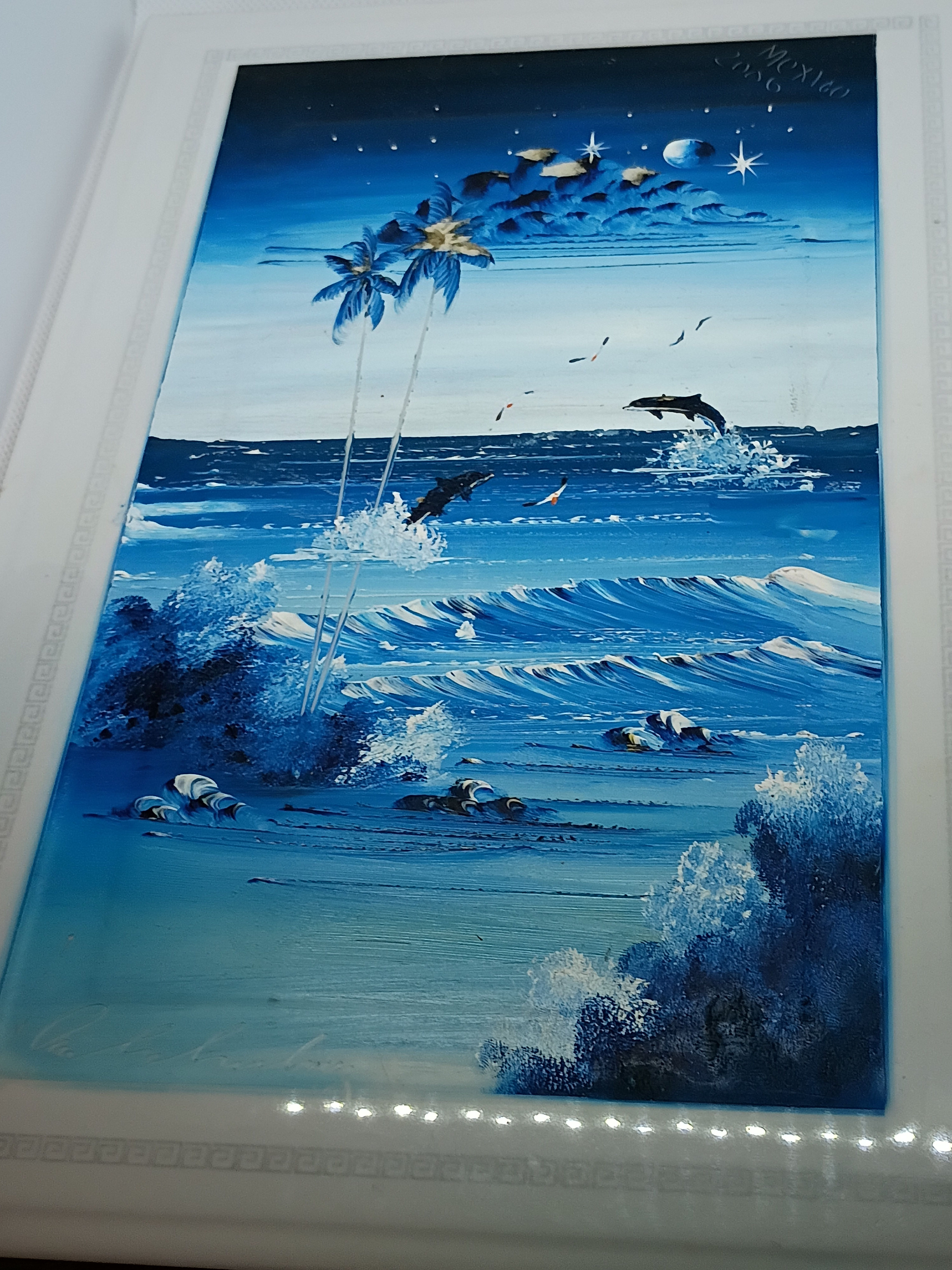 12" Blue coastal seascape painting on tile-slender palm trees & leaping dolphins