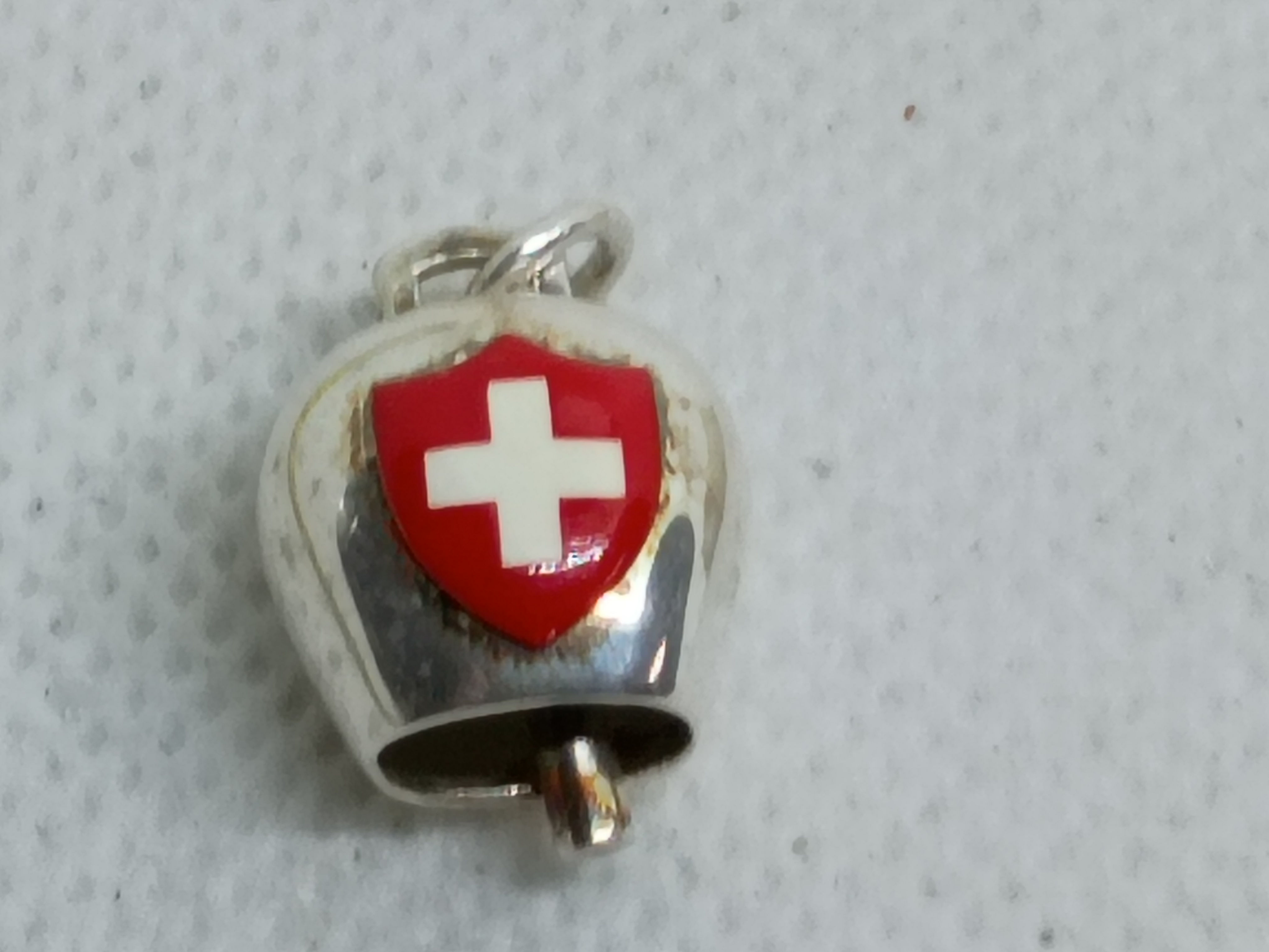 Approx. 1" tall vintage 800 Silver Red Cross Bell in protective box