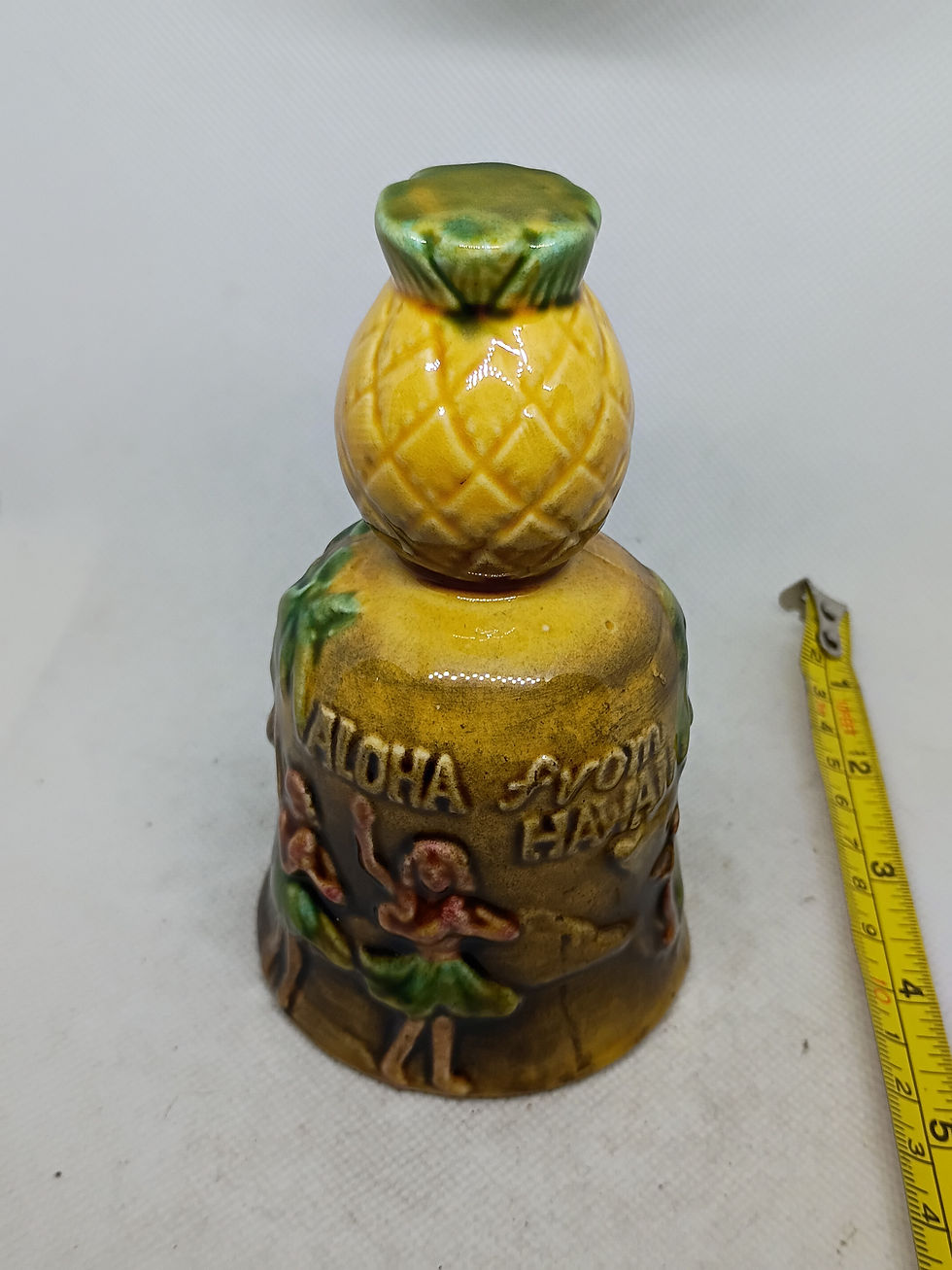 Thumbnail: 5" tall- Souvenir porcelain bell from Hawaii -scenes of skiiers and hula girls