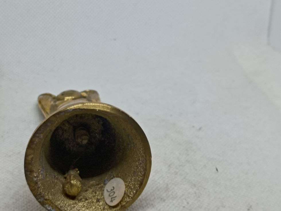 Thumbnail: 4" tall vintage brass figural bell featuring a Happy Buddha handle