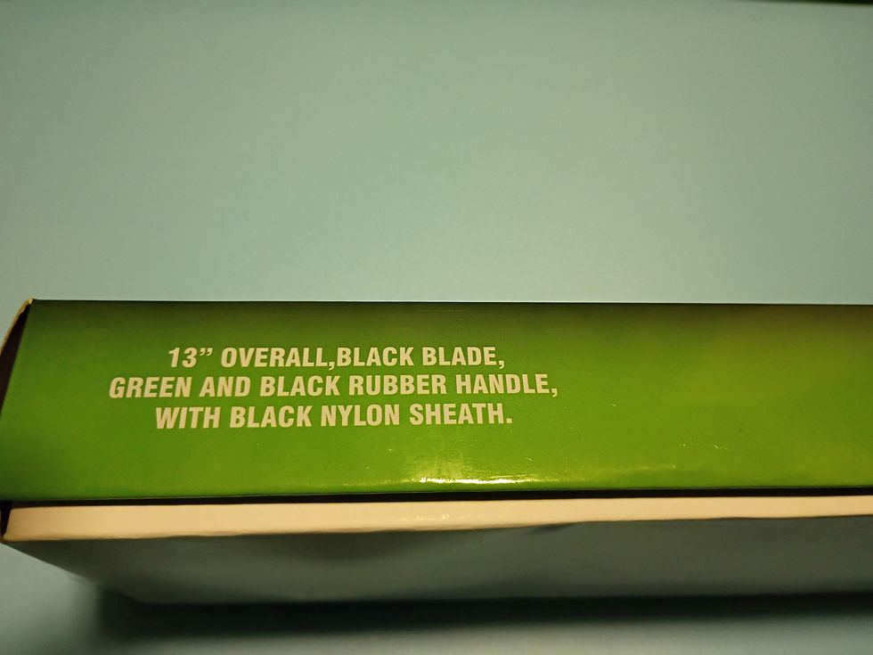Thumbnail: 13"  Bowie - black stainless blade-green and black  rubber handle -nylon sheath
