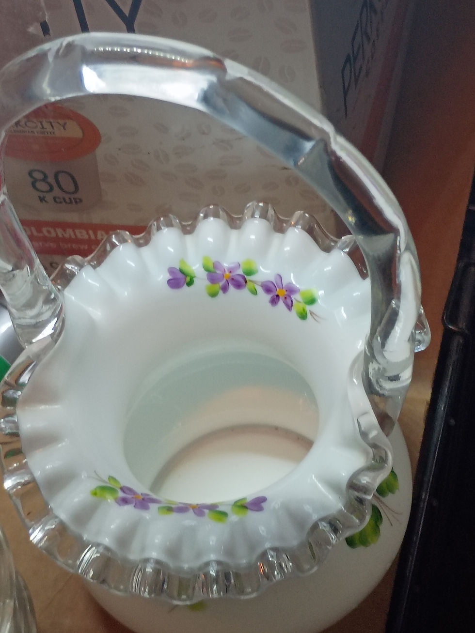 Thumbnail: 6" Fenton Violets in the Snow glass basket signed H J Curry