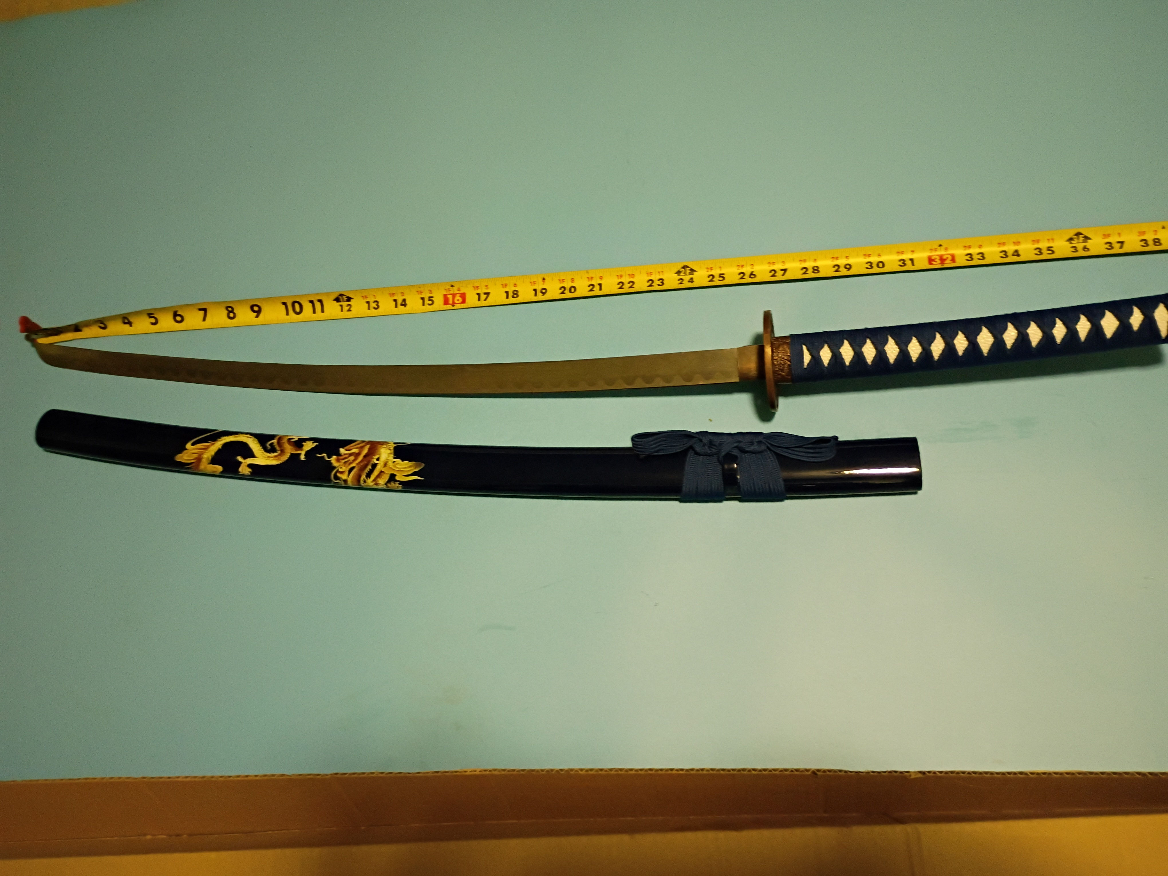 40" Katana sword steel blade - dark blue cord wrapped handle - Dragon graphic