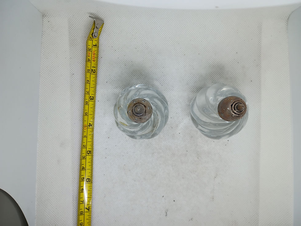 Thumbnail: 3.5" tall-antique  glass salt and pepper shakers with domed silver tops