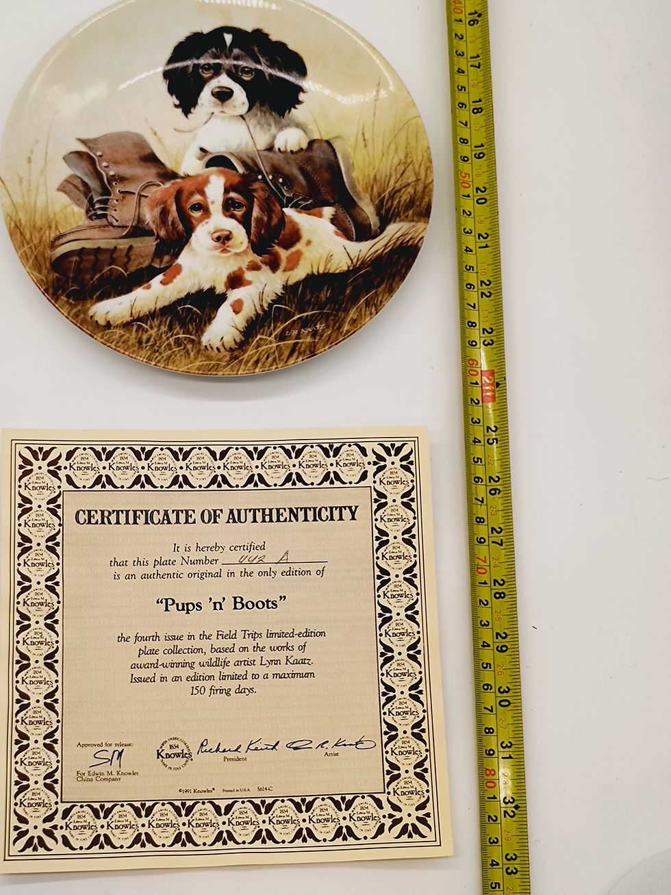 Thumbnail: 8"plate "Pups 'n' Boots" by Lynn Kaatz - 4th issue Field Trips plate collection