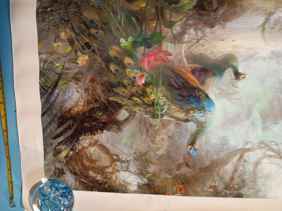 Thumbnail: Approx. 18"x 28" Print on Canvas - Peacocks, waiting for a frame