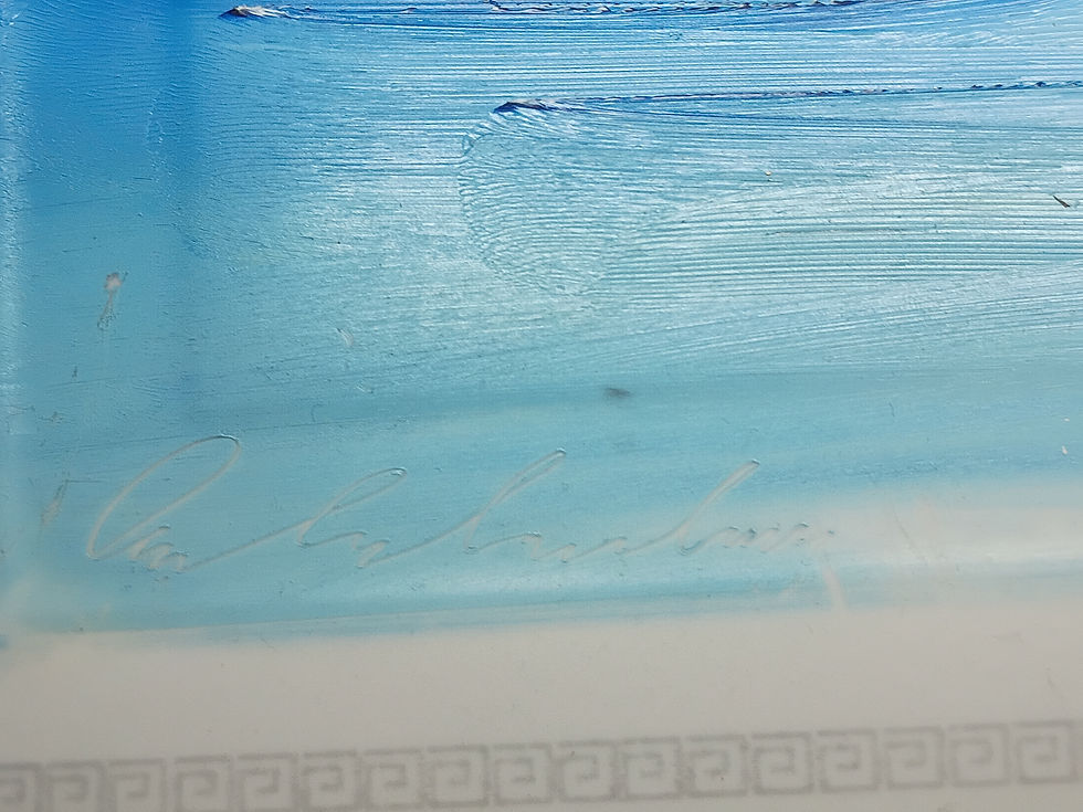 Thumbnail: 12" Blue coastal seascape painting on tile-slender palm trees & leaping dolphins